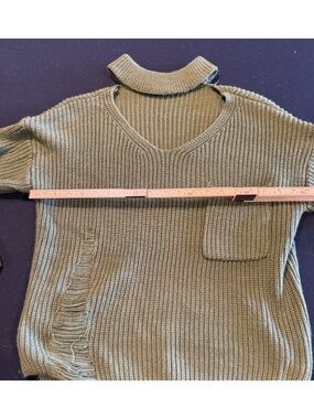 Fringed Open Neck Knit Sweater in Olive Green XS